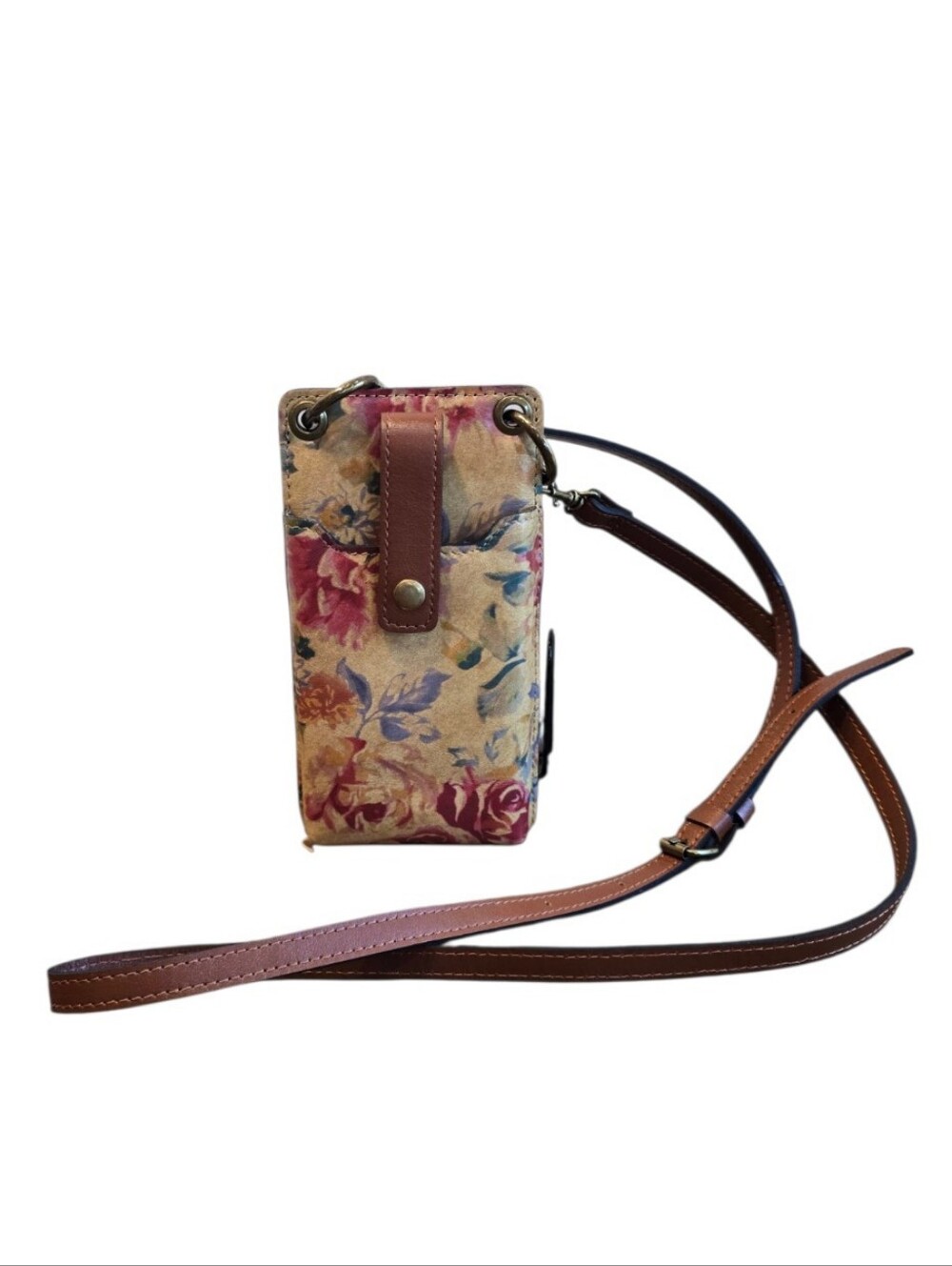 Patricia Nash Farleigh Aegean Blooms Brown Leather Phone Case Wallet Crossbody